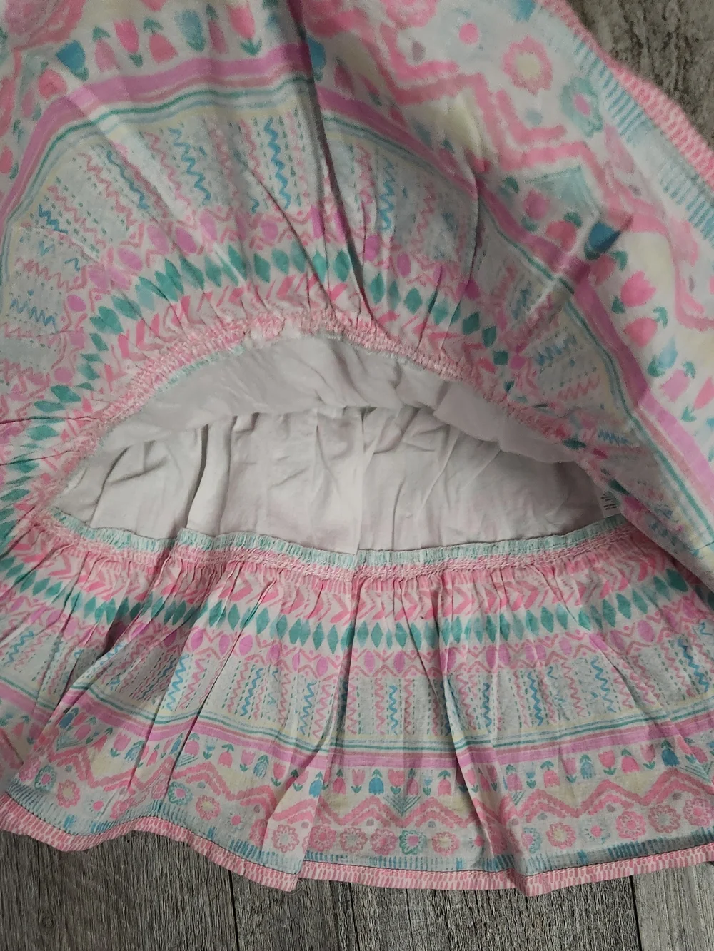 Vintage OshKosh B'gosh Denim Overall Dress with Pink and Mint Patterned Skirt